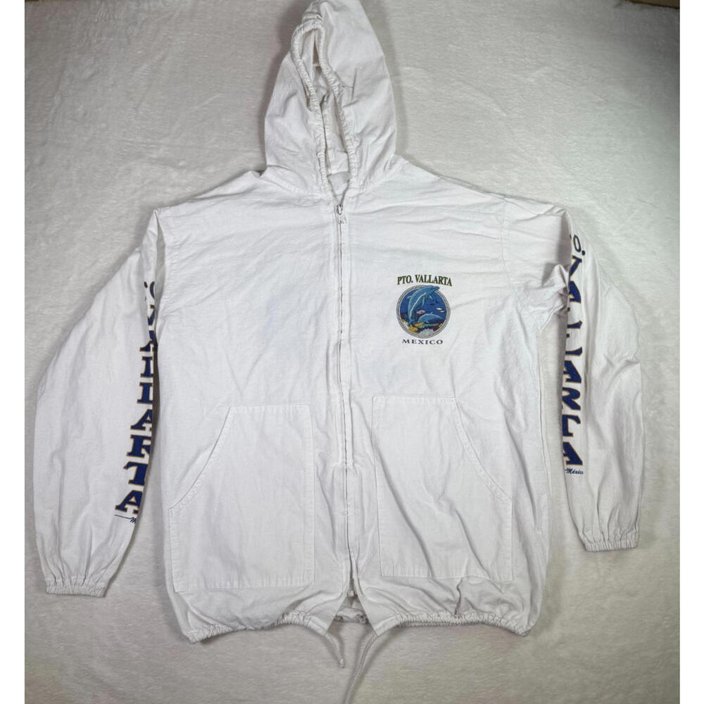 Pto Vallarta Mexico White Hoodie Pullover Lightweight Zip‎ Up Men’s Large